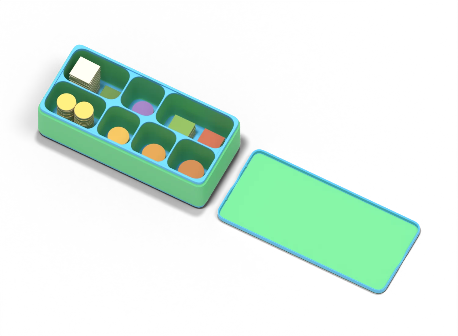 A filled bank tray with its lid beside it