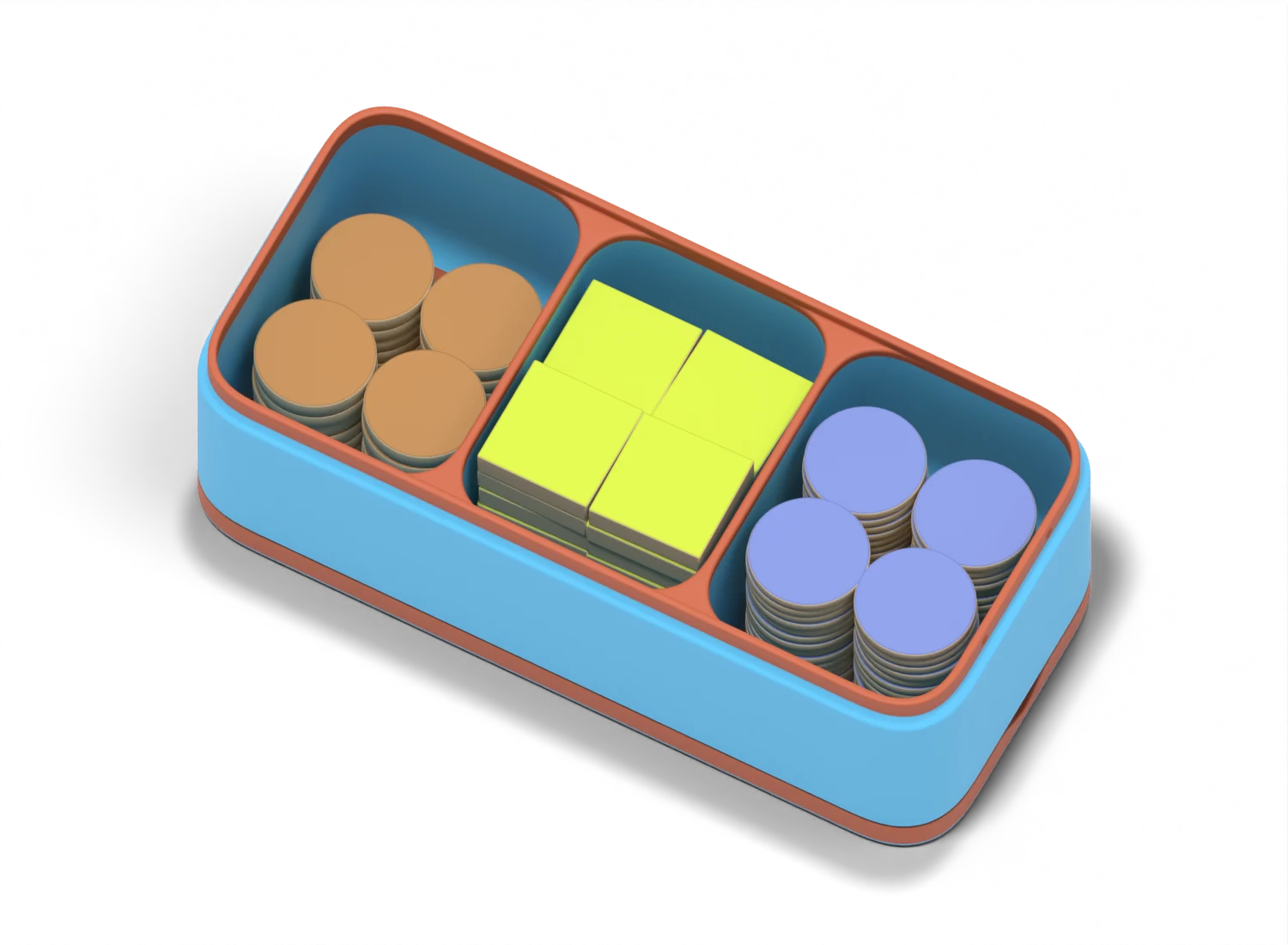 A token bank with curved wells, filled with tokens